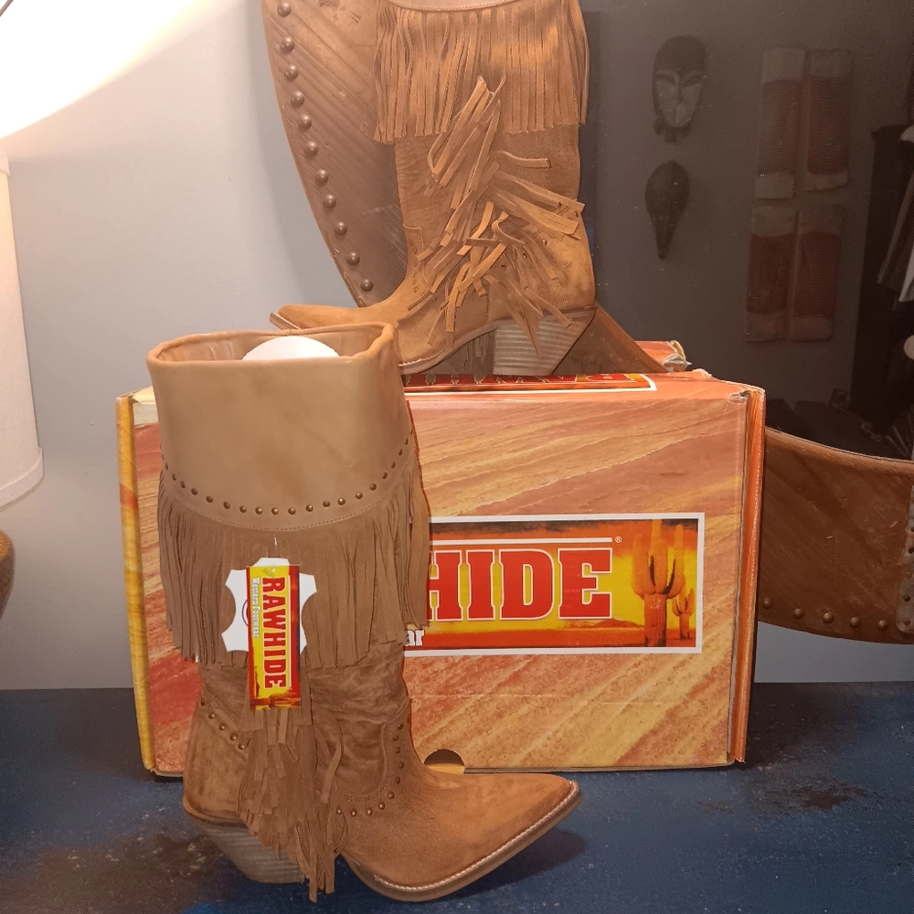 Rawhide Leather Tan Fringe Boots